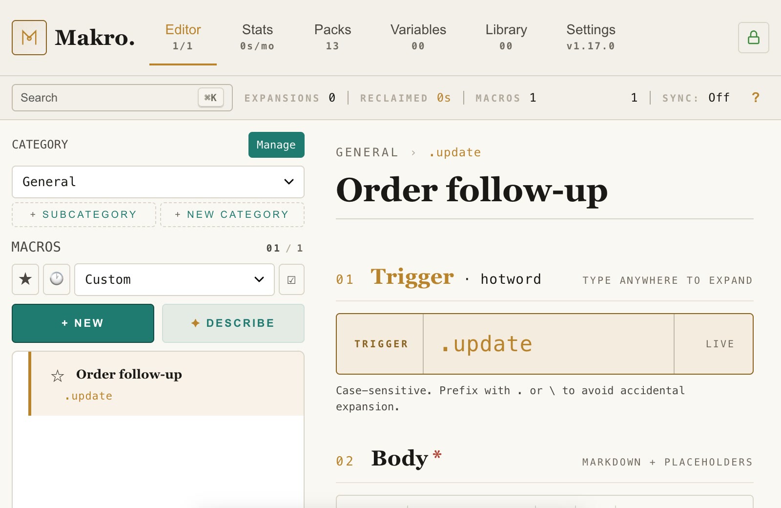 A macro body containing the PROMPT and DATE placeholders.