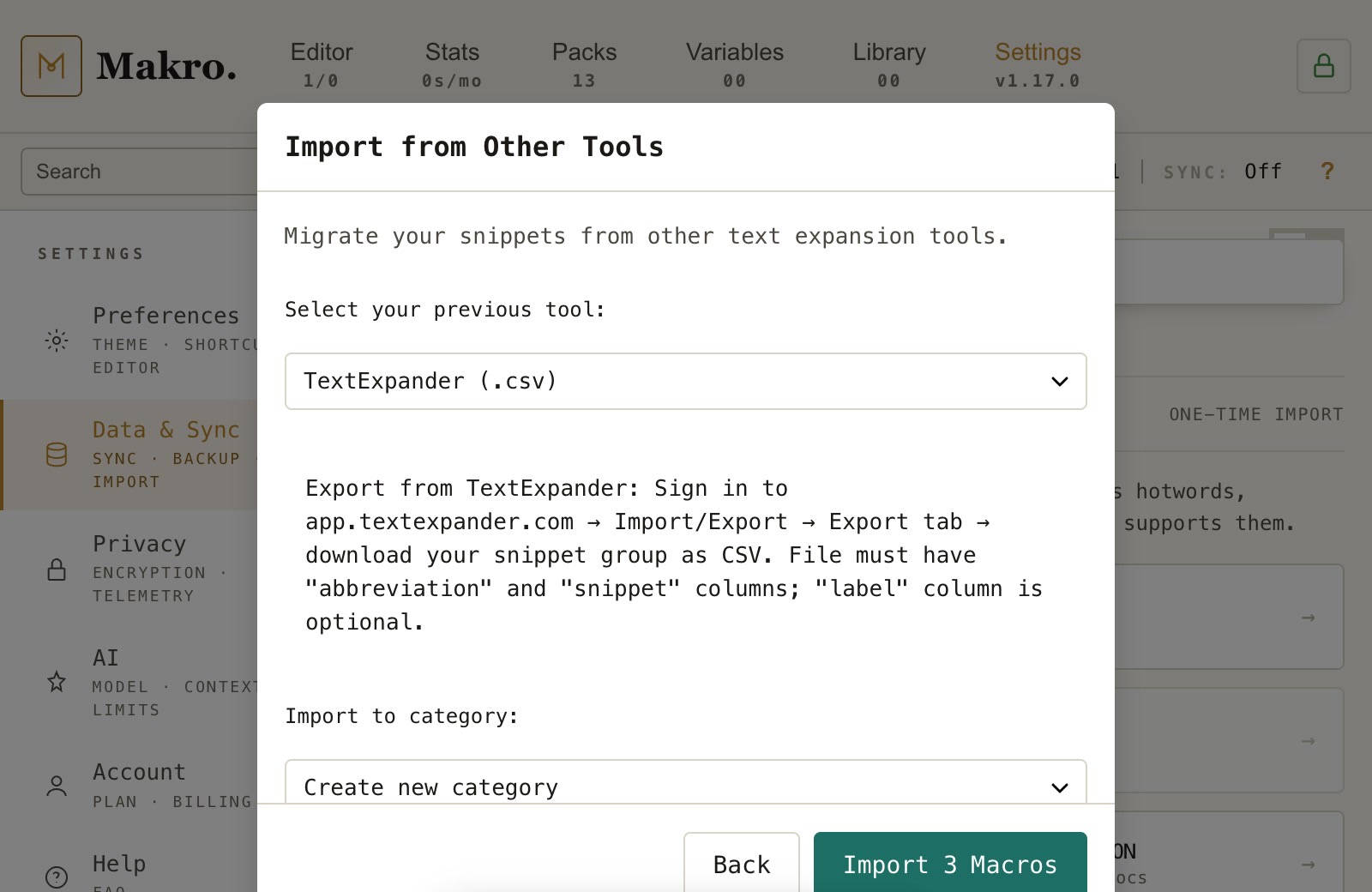 The file picker step of the import window.