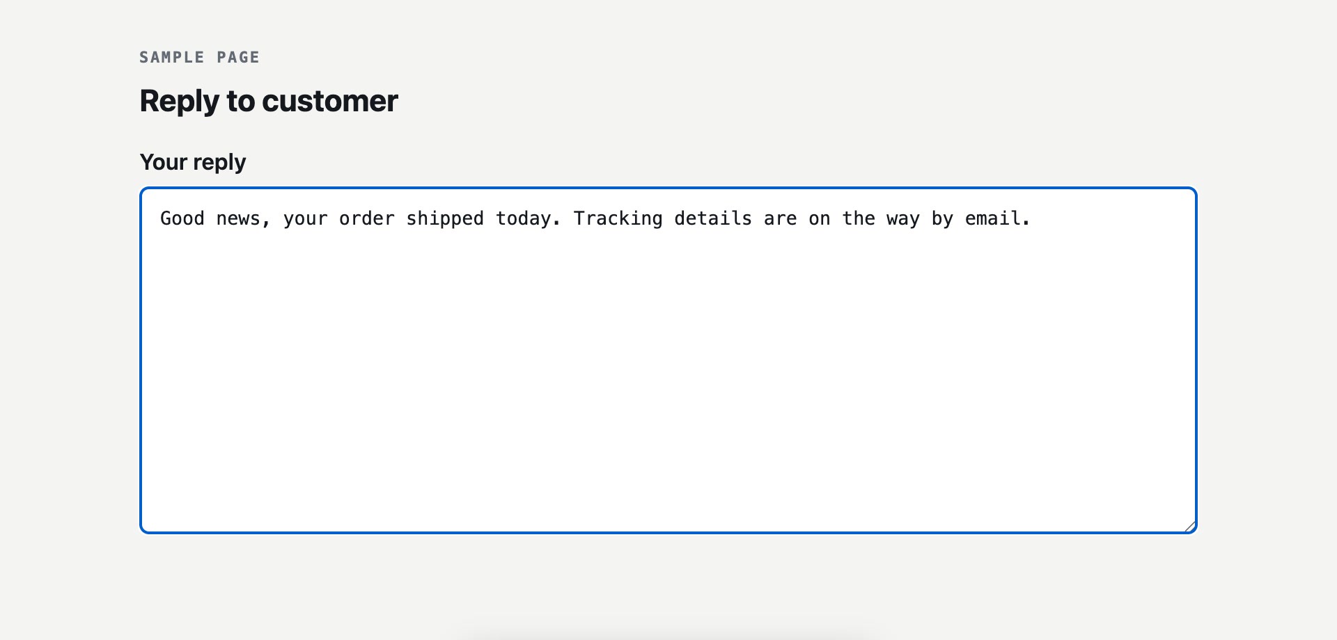 The reply box holding the imported shipping reply.