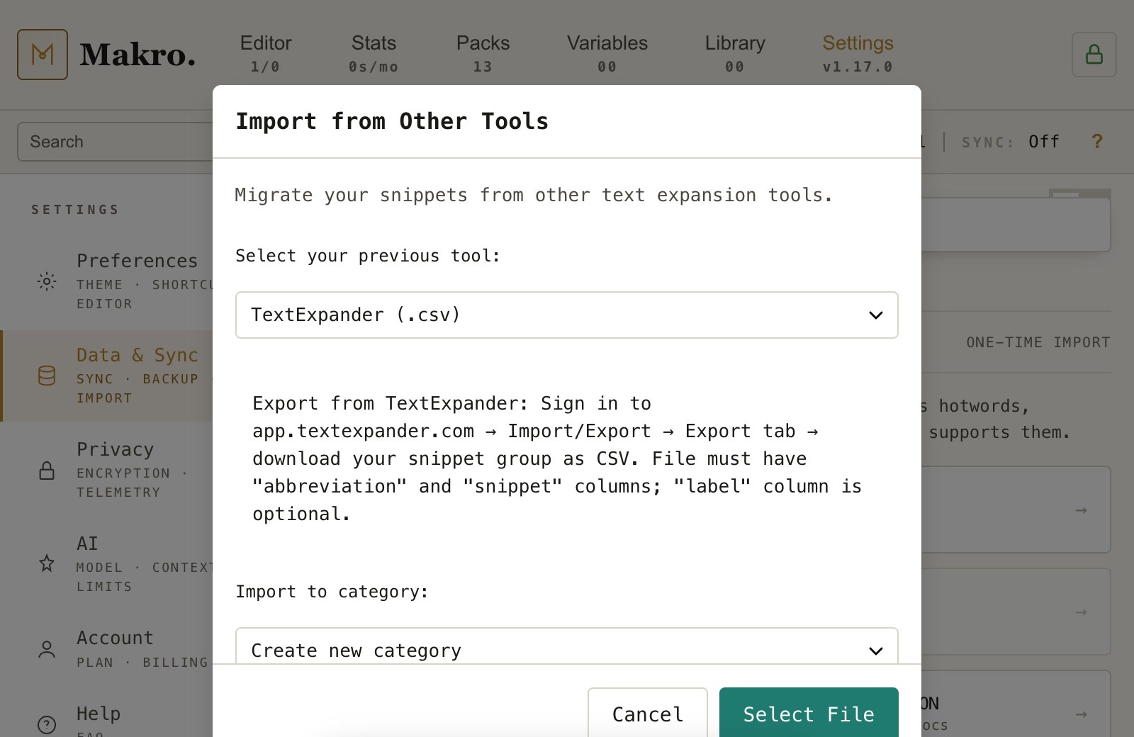 The import window with the previous tool selected.