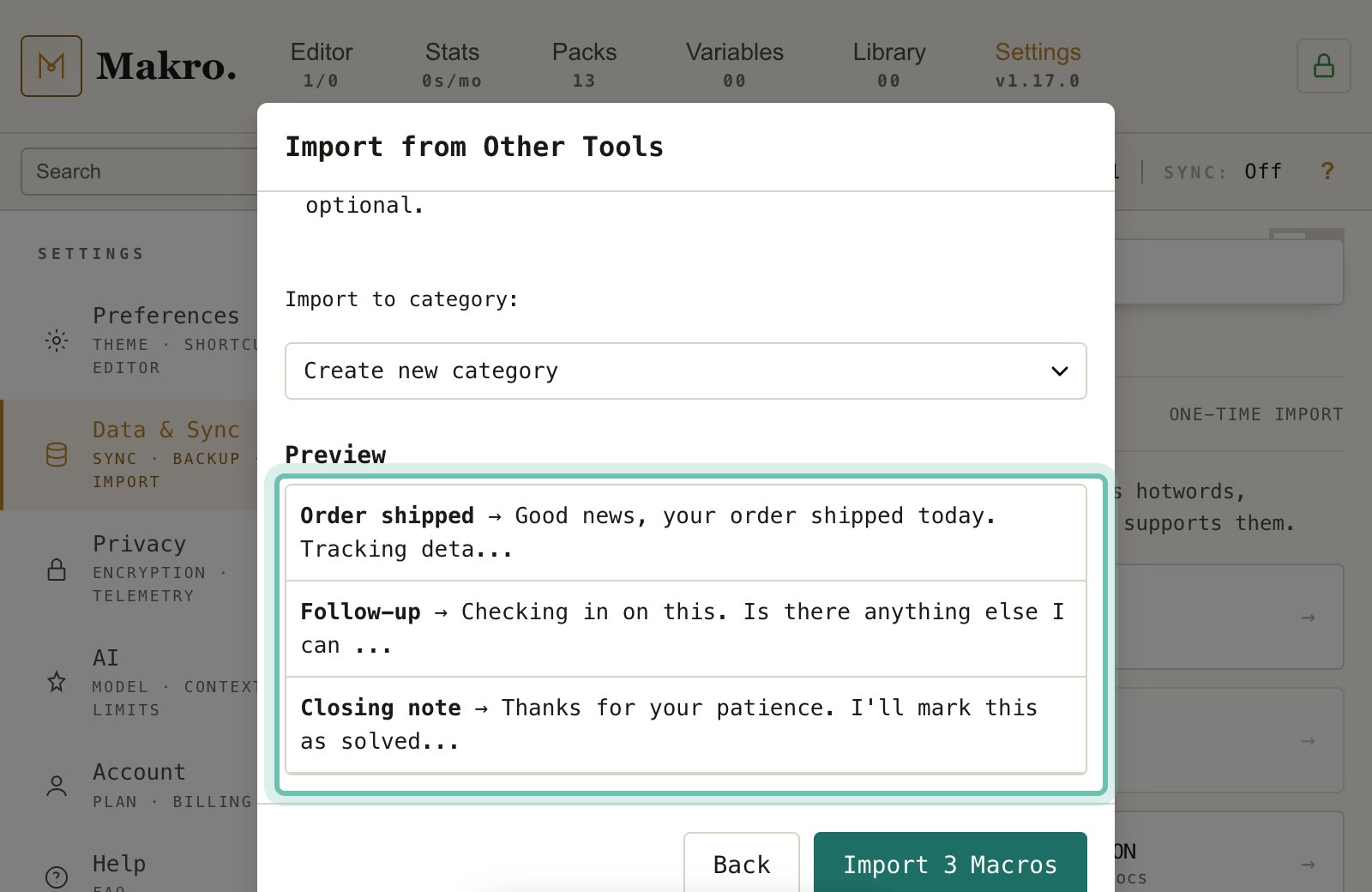 The import preview listing three snippets.