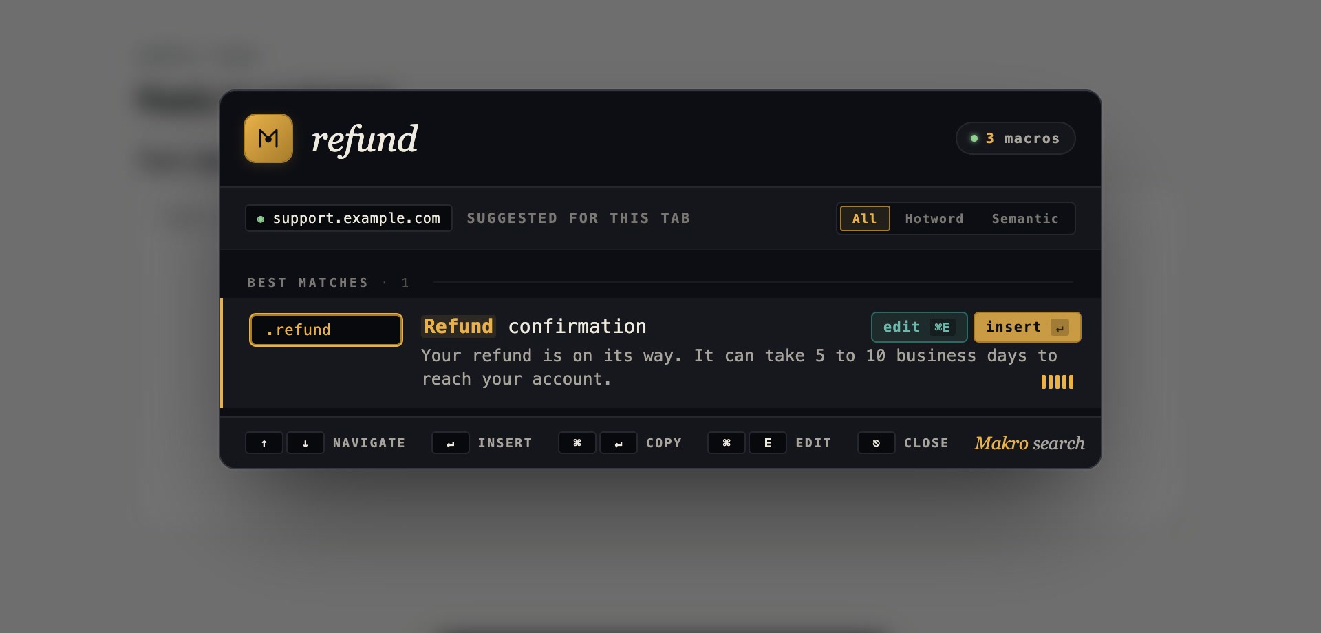 Search results for refund in the Makro overlay.
