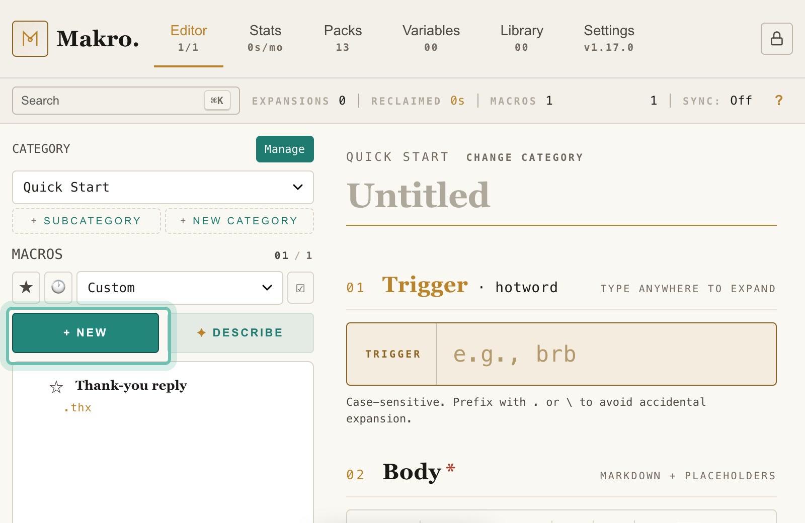 The + New button highlighted, with a blank macro open.